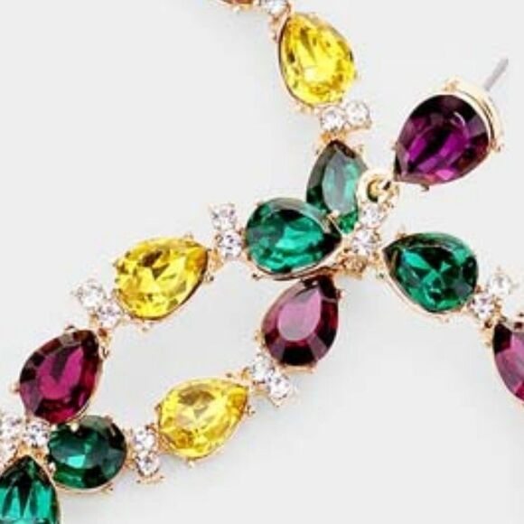 Mardi Gras Teardrop Stone Open Circle Earrings - Picture 2 of 5